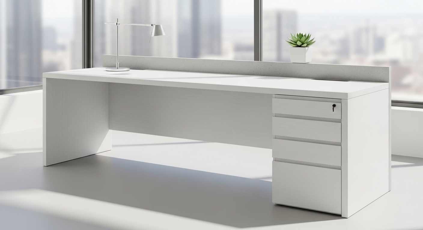 Meja Kantor Minimalis All-White dengan Desain Sleek dan Fungsional