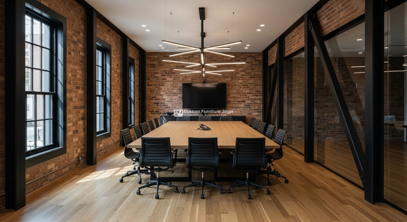 custom furniture jogja, interior kantor jogja, meja meeting custom jogja, furniture kantor yogyakarta, pengrajin mebel jogja, desain ruang rapat minimalis.